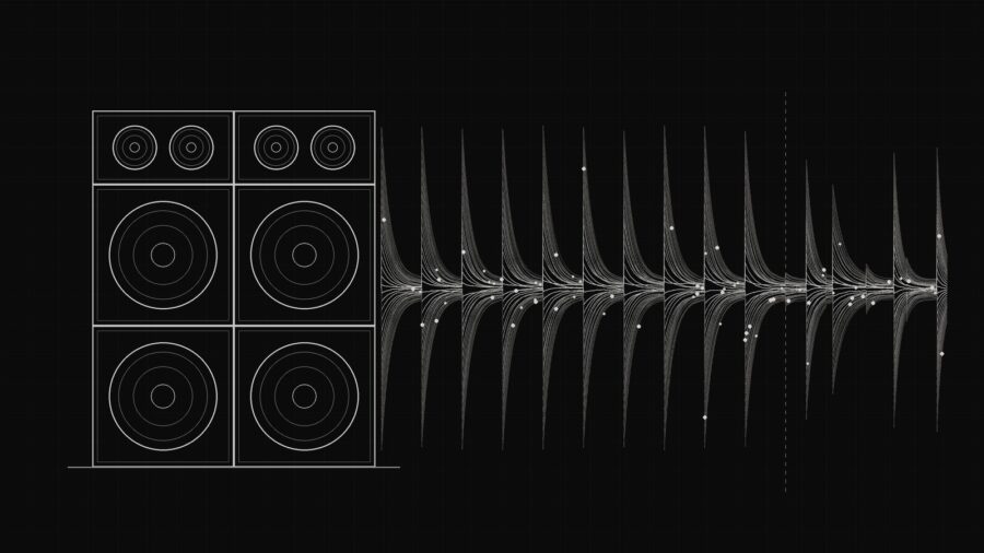 Line drawing of a sound system stack sending out a row of identical beats that break into an irregular pattern