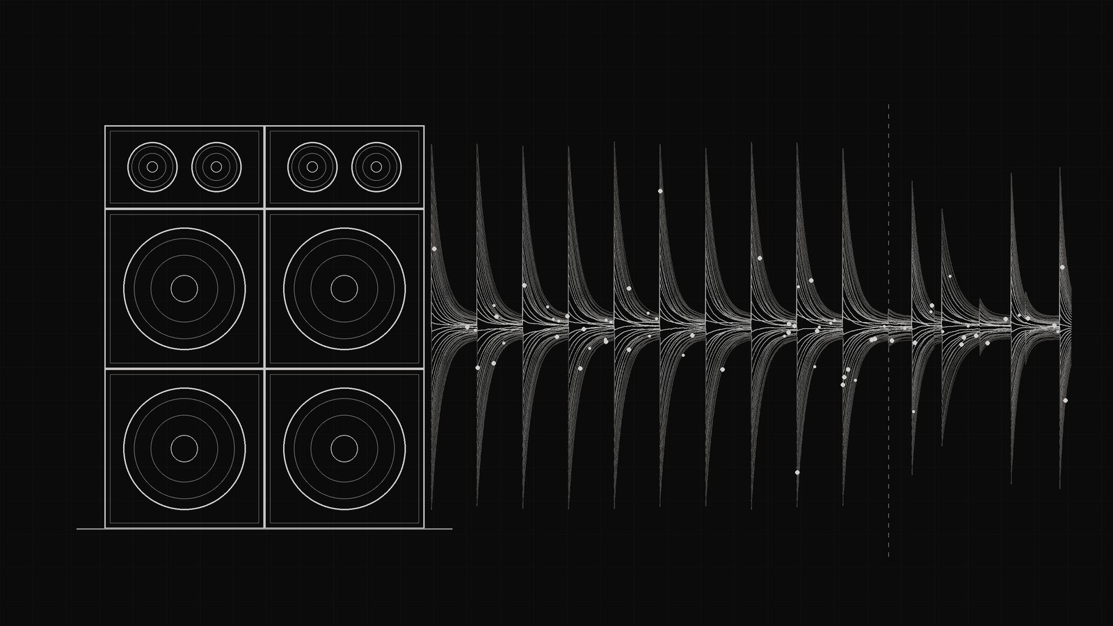 Line drawing of a sound system stack sending out a row of identical beats that break into an irregular pattern