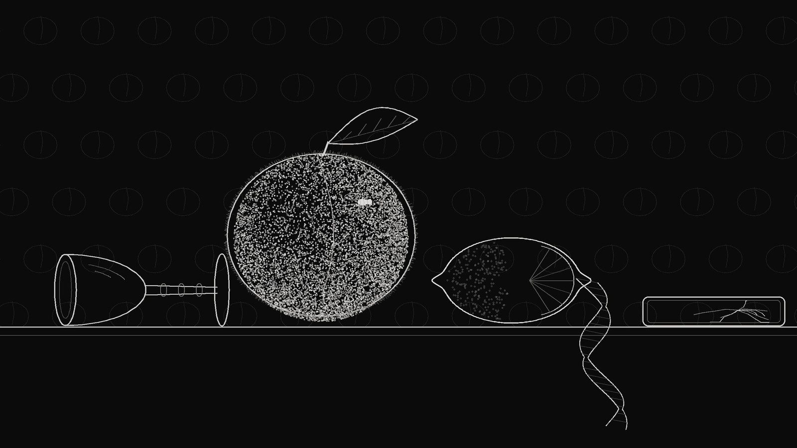 Line drawing of a still life: a tipped goblet, a peach covered in fine fuzz with a fly on it, a half-peeled lemon and a phone with a cracked screen